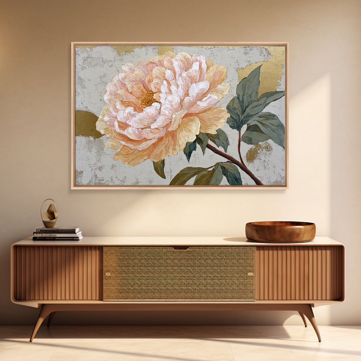 Romantic Oversized Peony Bloom on Warm Linen Framed Canvas Print, Above Bed Art, Boho Wall Decor, Bedroom Decor, Abstract Art, ABA-3x2-78