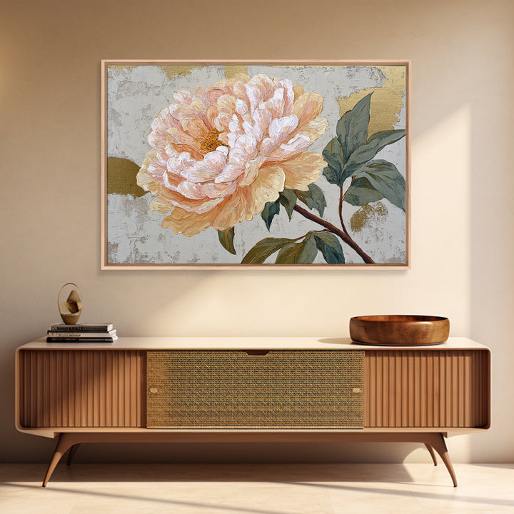 Romantic Oversized Peony Bloom on Warm Linen Framed Canvas Print, Above Bed Art, Boho Wall Decor, Bedroom Decor, Abstract Art, ABA-3x2-78