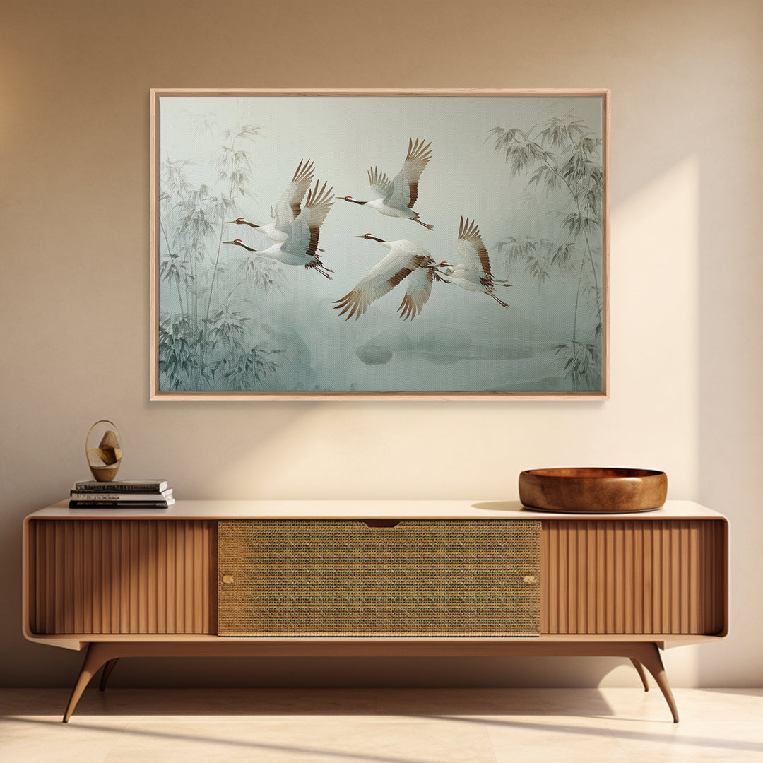 Ethereal Cranes Flying Through Pale Morning Mist Framed Canvas Print, Above Bed Art, Bedroom Wall Art, Bedroom Decor, Serenity, ABA-3x2-85