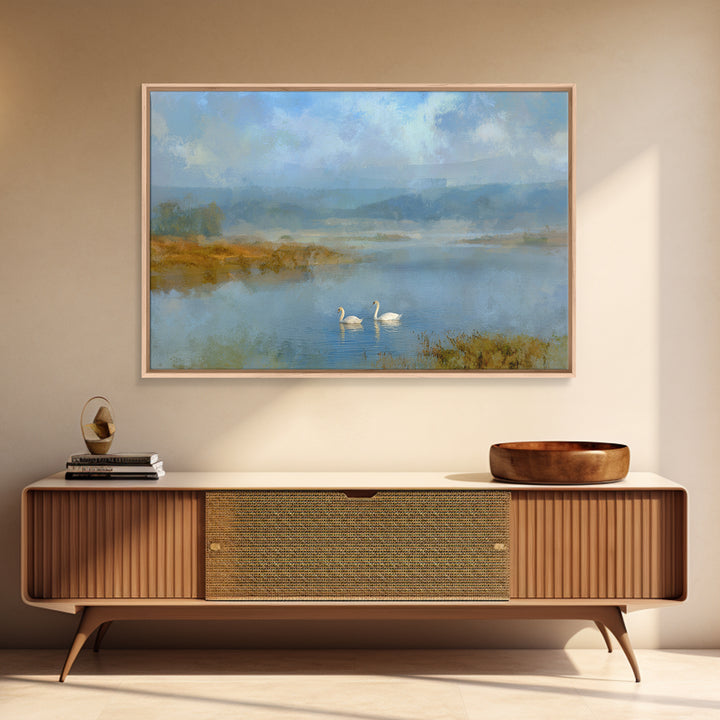 Paired Swans in a Dreamy Painterly Lake Canvas Print, Above Bed Art, Sage Green Wall Art, Bedroom Decor, Oil Painting, Serenity, ABA-3x2-98