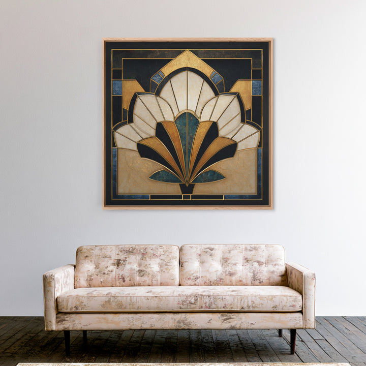 Geometric Lotus Flower Framed Canvas Print, Art Deco Art, Art, Living Room Decor, Oil Painting, Glamour, Art Nouveau, ADA-1x1-12