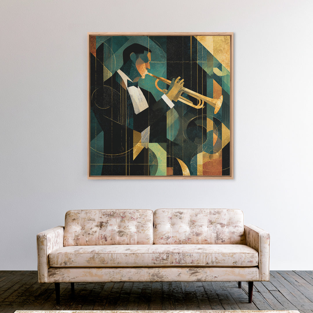 Jazz Trumpet Player Framed Canvas Print, Art Deco Art, Art Print, Living Room Decor, Oil Painting, Glamour, Printable Art, ADA-1x1-28
