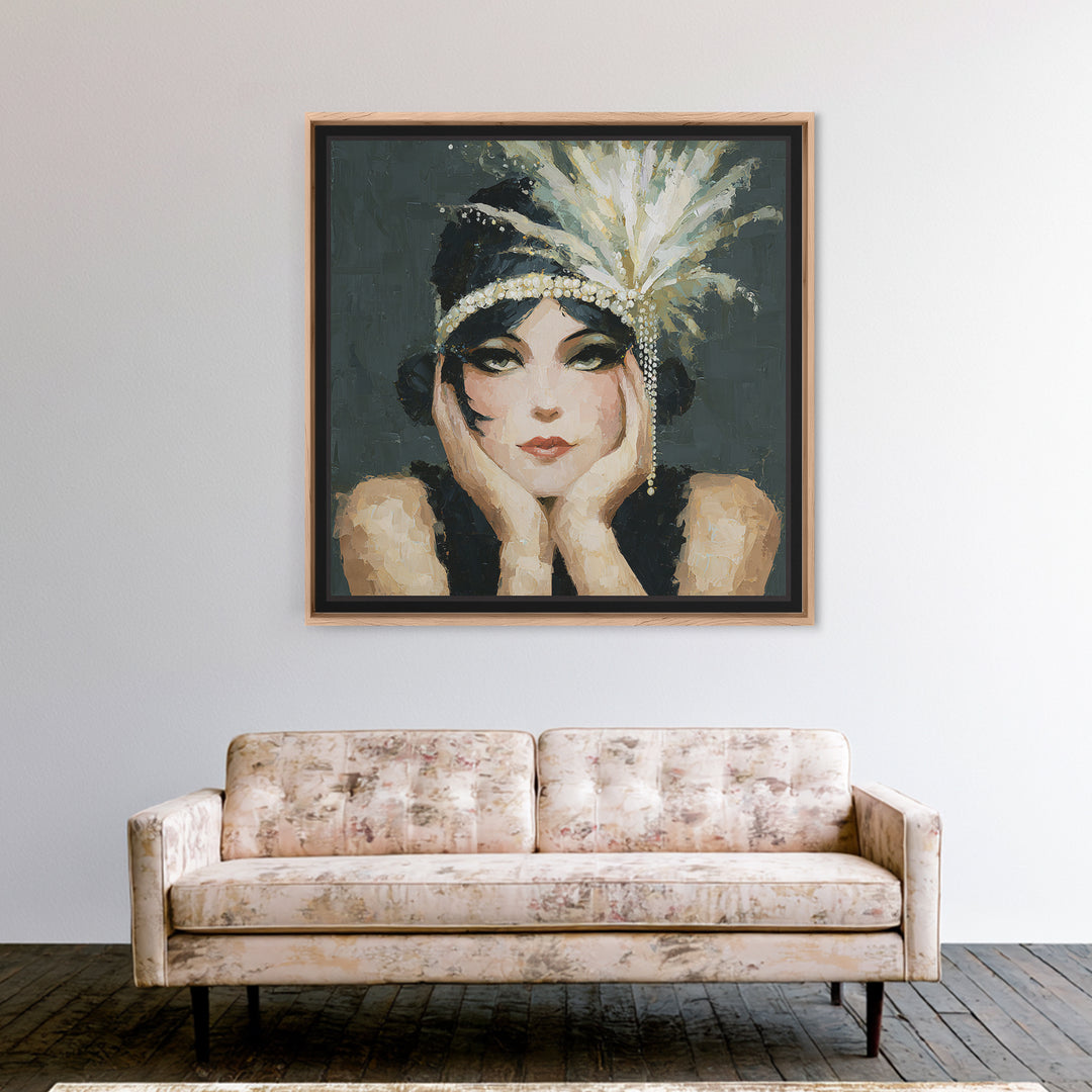 Flapper Portrait with Pearl Strands and Dramatic Framed Canvas Print, Art Deco Art, Gallery Decor, Living Room Decor, Glamour, ADA-1x1-38