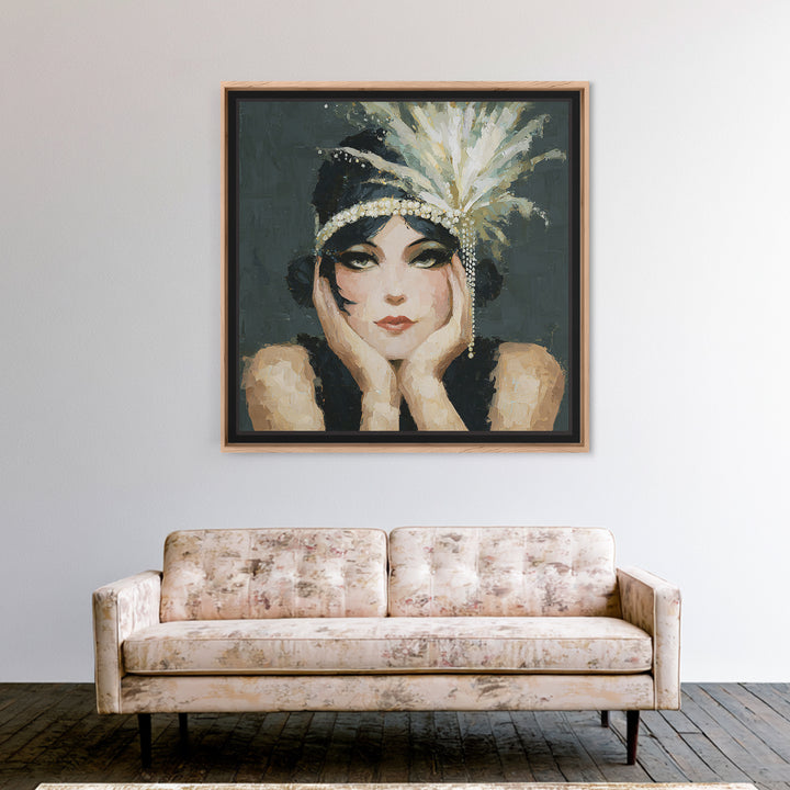 Flapper Portrait with Pearl Strands and Dramatic Framed Canvas Print, Art Deco Art, Gallery Decor, Living Room Decor, Glamour, ADA-1x1-38