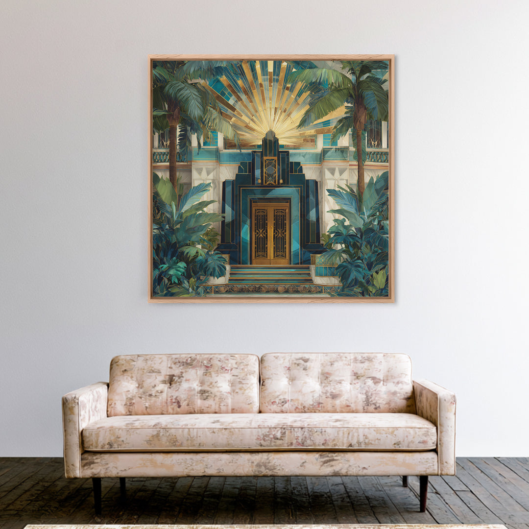 Tropical Hotel Facade Framed Canvas Print, Art Deco Art, Room Decor, Living Room Decor, Fine Art, Glamour, Digital Art, ADA-1x1-40
