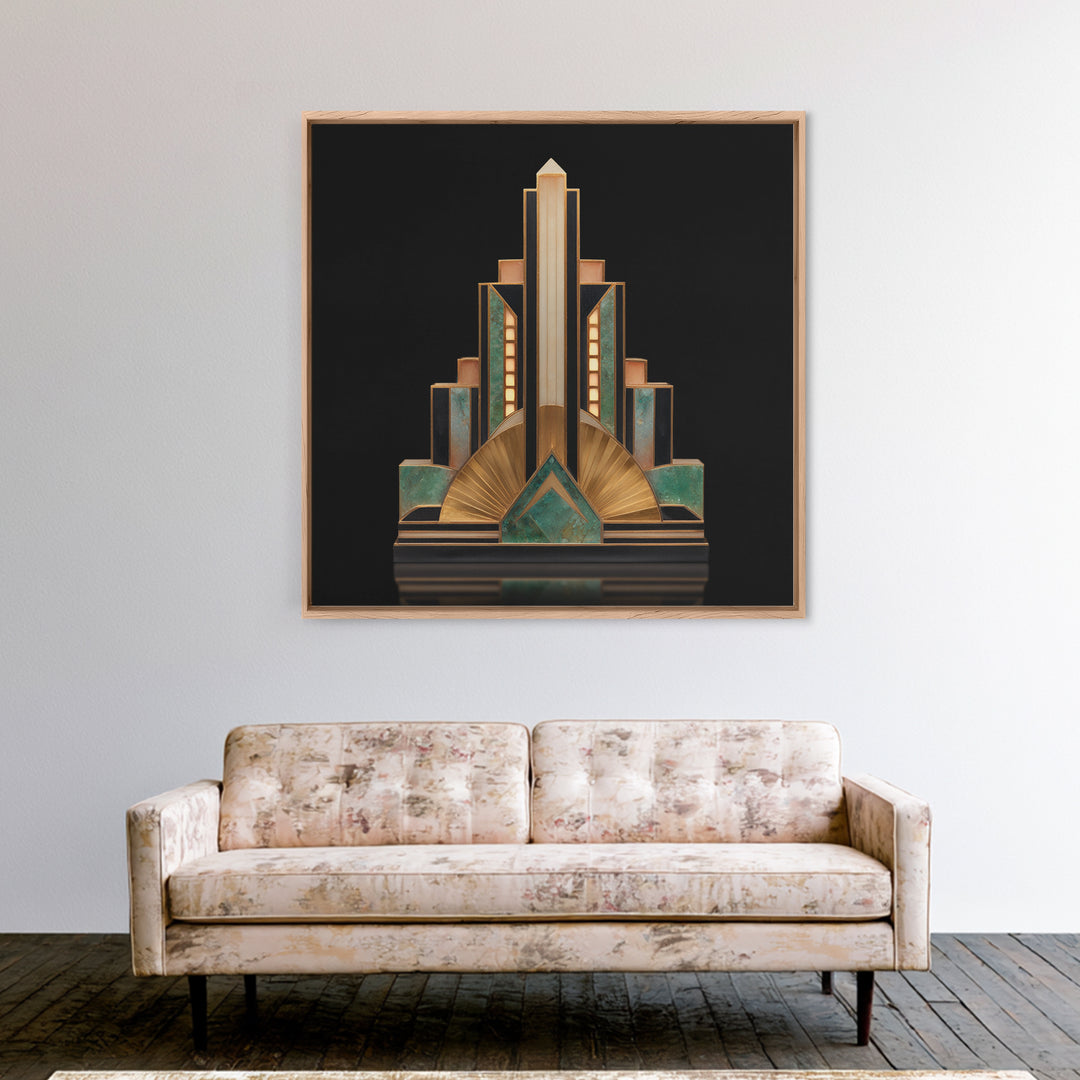 Stylized Skyscraper Crown Framed Canvas Print, Art Deco Art, Art Deco Wallpaper, Living Room Decor, Fine Art, Glamour, ADA-1x1-46