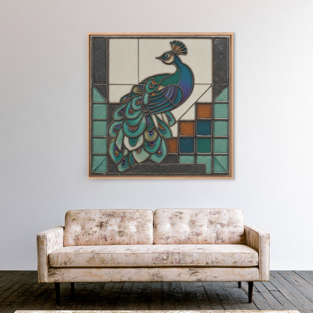 Sleek Peacock with Jeweled Feathers and Stepped Canvas Print, Art Deco Art, Blue Wallpaper, Living Room Decor, Glamour, ADA-1x1-51
