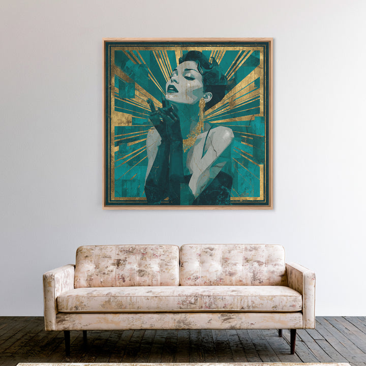 Moonlit Jazz Singer Framed by Gold Lines Canvas Print, Art Deco Art, Fine Art Print, Living Room Decor, Abstract Art, Glamour, ADA-1x1-95