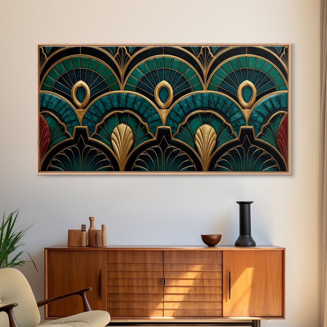Emerald Peacock Feather Pattern Framed Canvas Print, Art Deco Art, Statement Artwork, Living Room Decor, Fine Art, Glamour, ADA-2x1-20