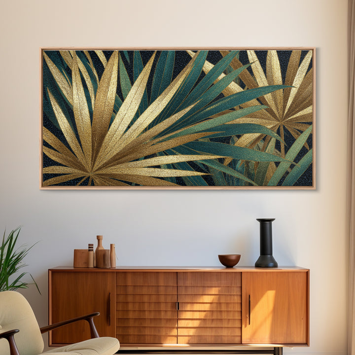 Golden Palm Fronds Arranged Framed Canvas Print, Art Deco Art, Contemporary Art, Living Room Decor, Fine Art, Glamour, ADA-2x1-28