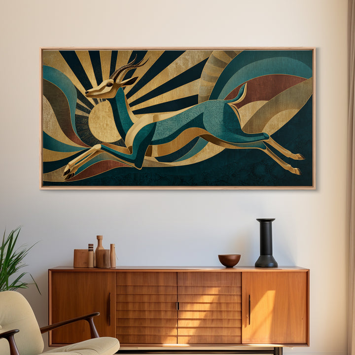 Stylized Gazelle Leaping Through Gold Rays Framed Canvas Print, Art Deco Art, Wall Decor, Living Room Decor, Fine Art, Glamour, ADA-2x1-33
