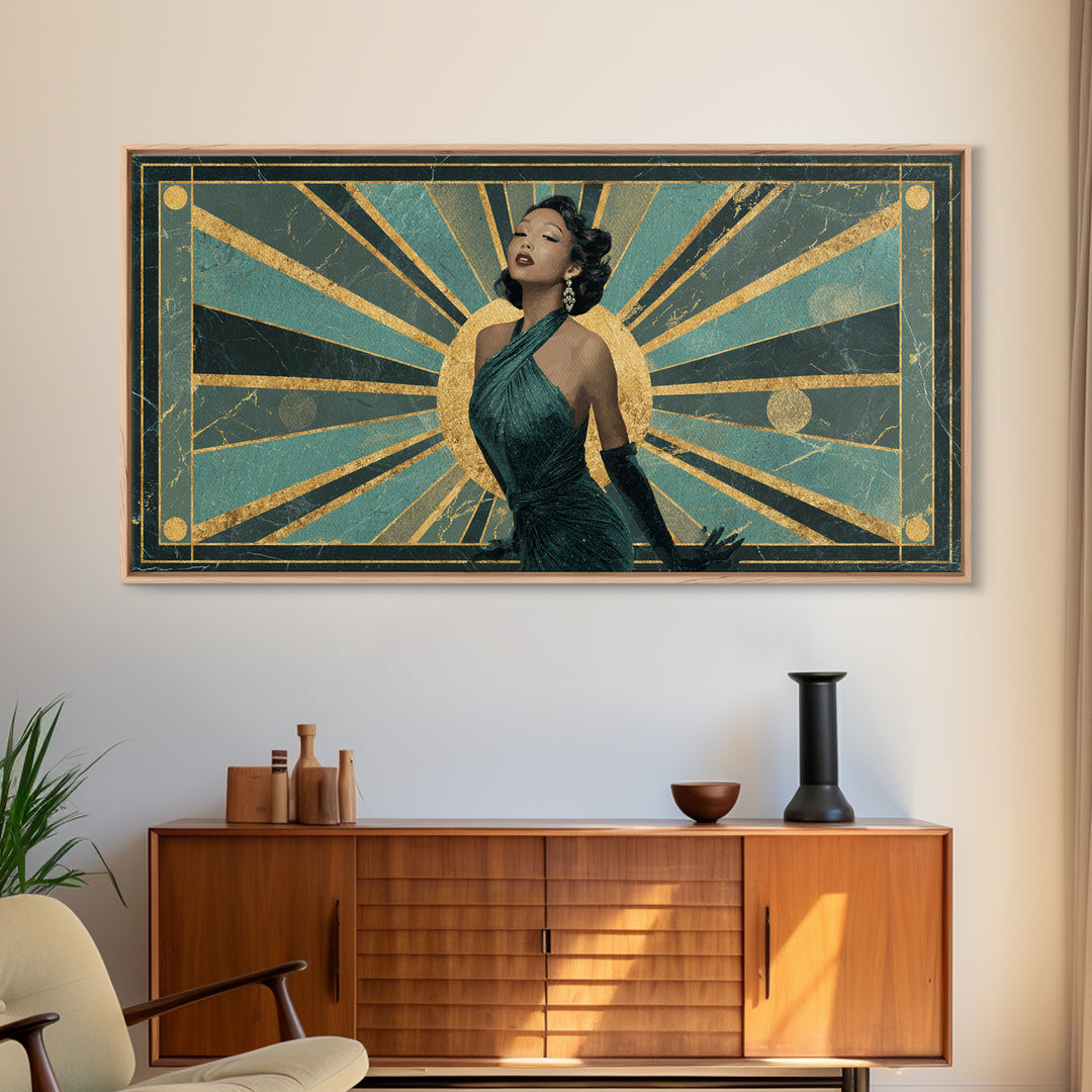 Moonlit Jazz Singer Framed by Gold Lines Framed Canvas Print, Art Deco Art, Digital Art, Living Room Decor, Fine Art, Glamour, ADA-2x1-43
