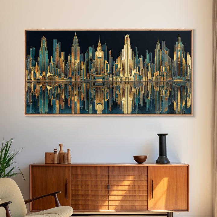 Stylized City Skyline Framed Canvas Print, Art Deco Art, Art, Living Room Decor, Fine Art, Glamour, Art Nouveau, Abstract Art, ADA-2x1-50