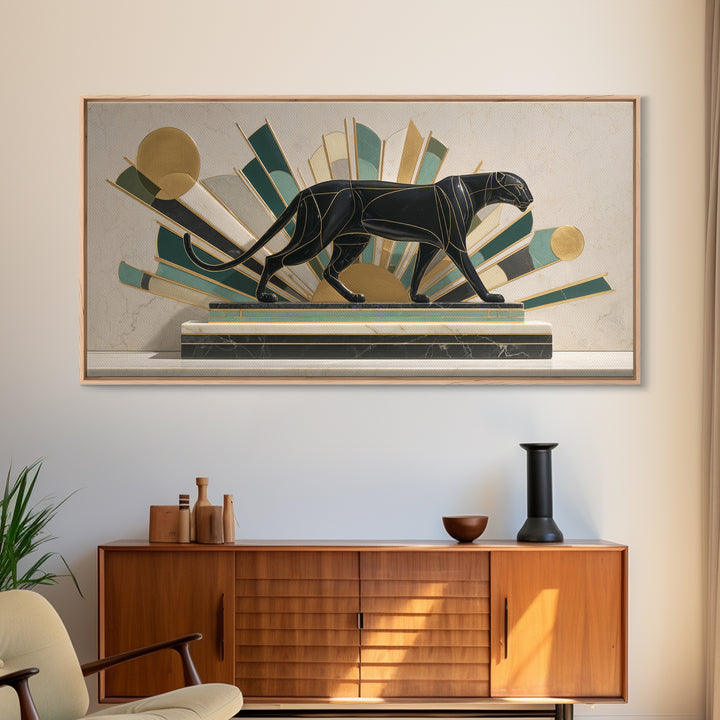 Black Panther Sculpture on a Marble Plinth Framed Canvas Print, Art Deco Art, Gallery Wall Art, Living Room Decor, Glamour, ADA-2x1-79