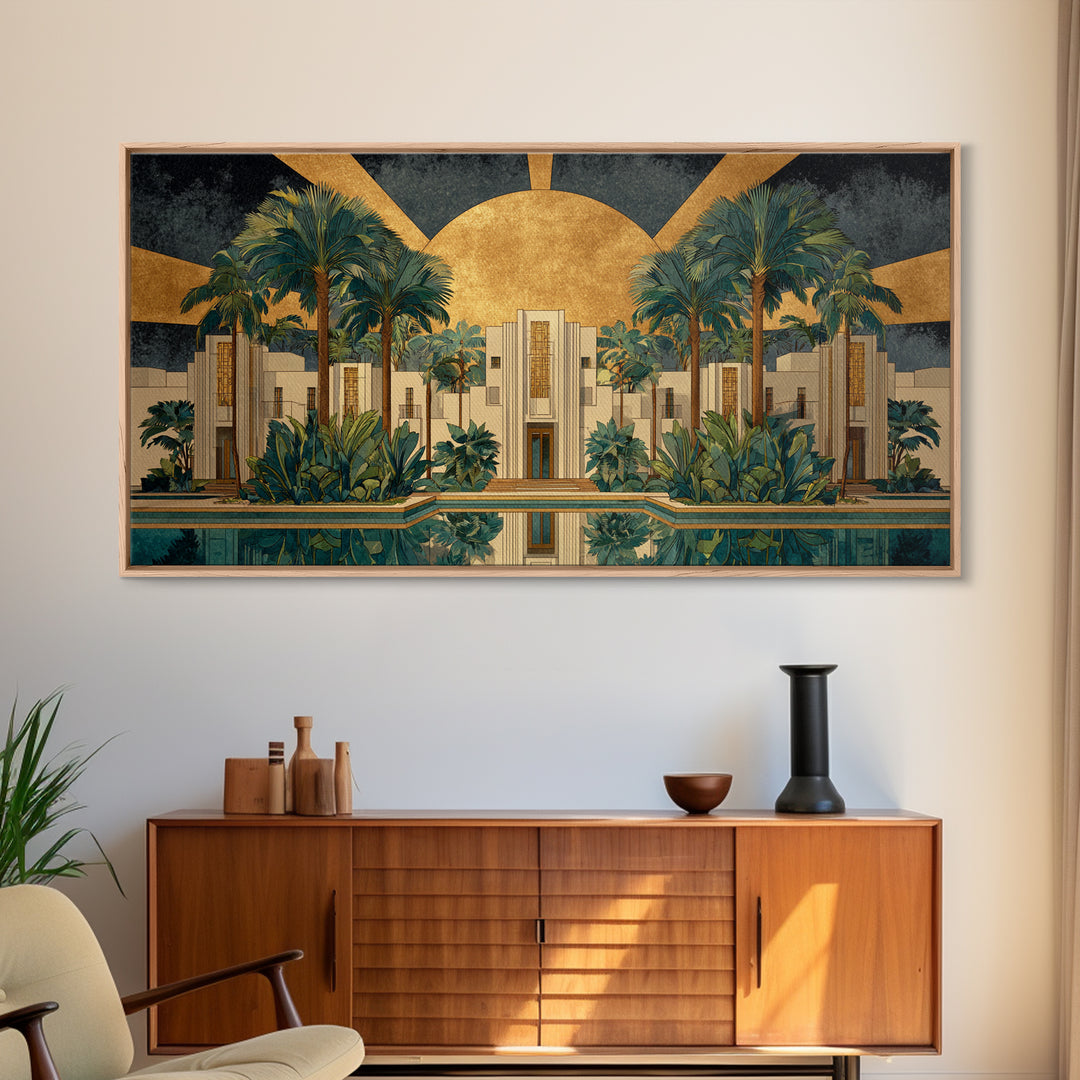 Tropical Hotel Facade Framed Canvas Print, Art Deco Art, Apartment Decor, Living Room Decor, Fine Art, Glamour, Gallery Decor, ADA-2x1-84
