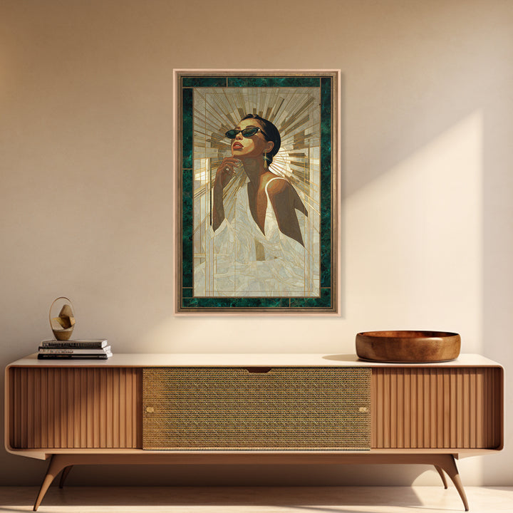 Moonlit Jazz Singer Framed by Gold Lines Canvas Print, Art Deco Art, Boho, Living Room Decor, Abstract Art, Glamour, ADA-2x3-79