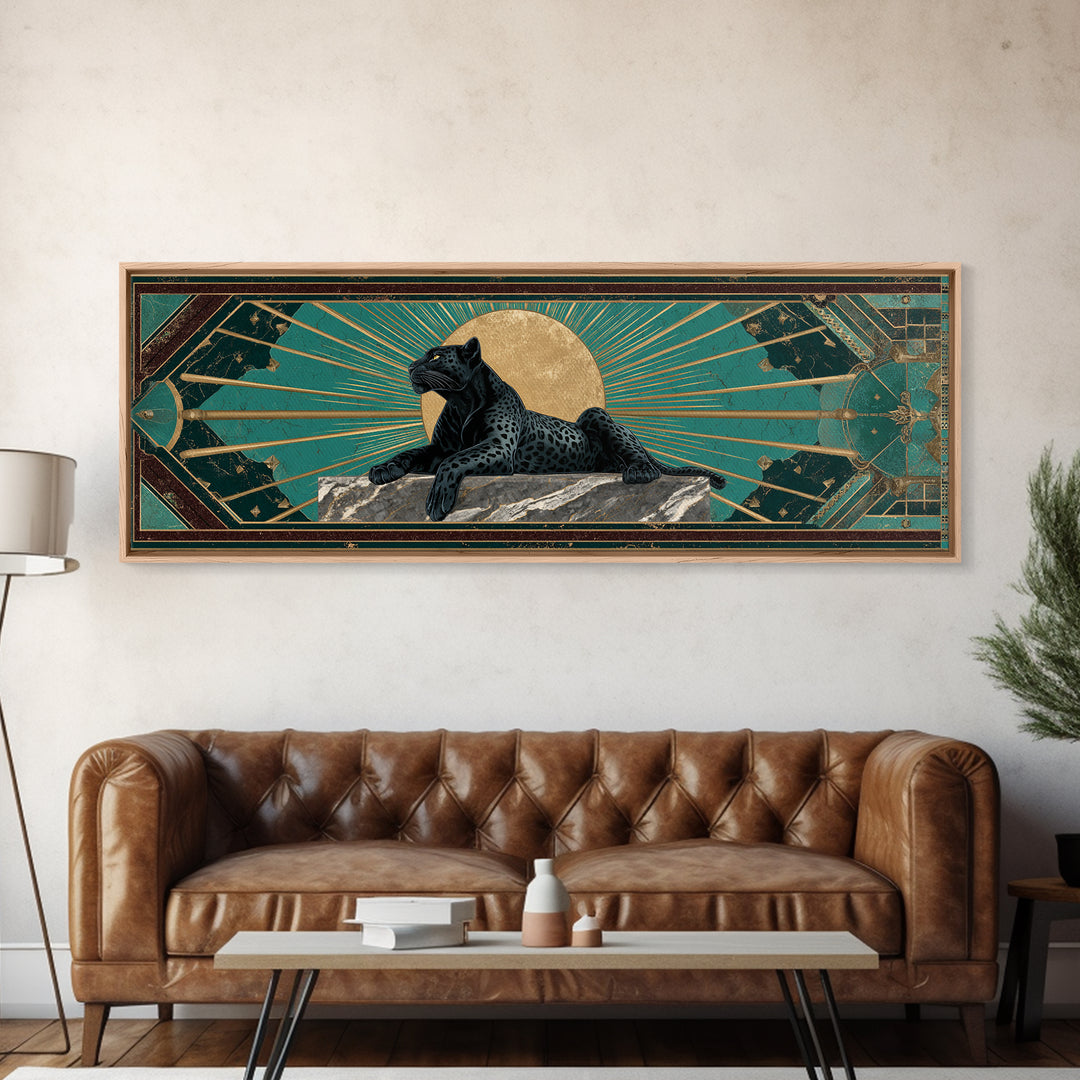 Black Panther Sculpture on a Marble Plinth Framed Canvas Print, Art Deco Art, Textured Painting, Living Room Decor, Glamour, ADA-3x1-27