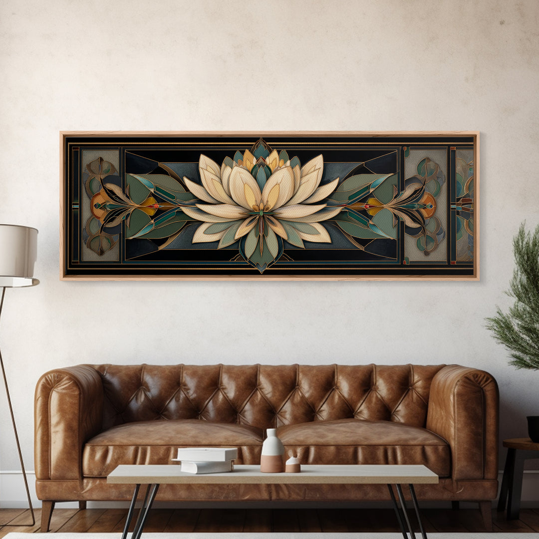 Geometric Lotus Flower Framed Canvas Print, Art Deco Art, Blue Wallpaper, Living Room Decor, Watercolor Art, Glamour, ADA-3x1-28