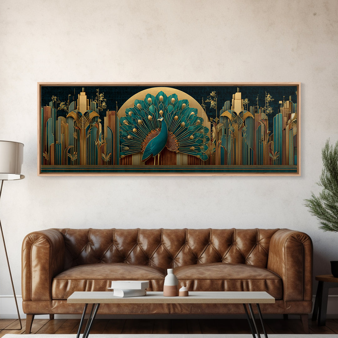 Sleek Peacock with Jeweled Feathers and Stepped Canvas Print, Art Deco Art, Living Room Decor, Abstract Art, Glamour, ADA-3x1-43