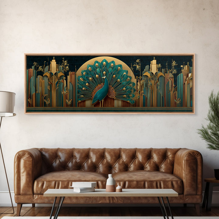 Sleek Peacock with Jeweled Feathers and Stepped Canvas Print, Art Deco Art, Living Room Decor, Abstract Art, Glamour, ADA-3x1-43