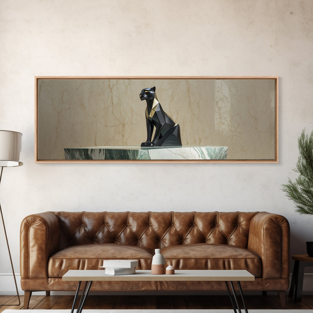 Black Panther Sculpture on a Marble Plinth Framed Canvas Print, Art Deco Art, Digital Art, Living Room Decor, Fine Art, Glamour, ADA-3x1-51