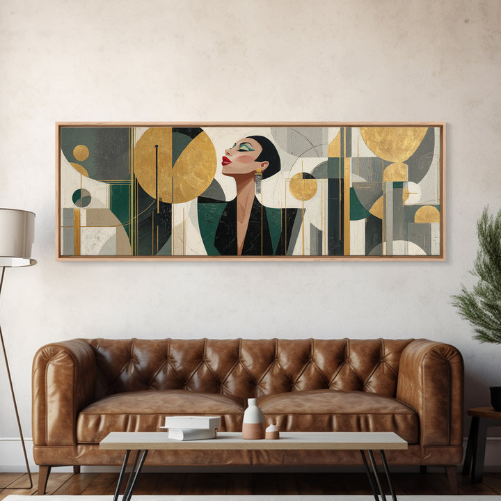 Moonlit Jazz Singer Framed by Gold Lines Framed Canvas Print, Art Deco Art, Living Room Decor, Abstract Art, Glamour, ADA-3x1-63