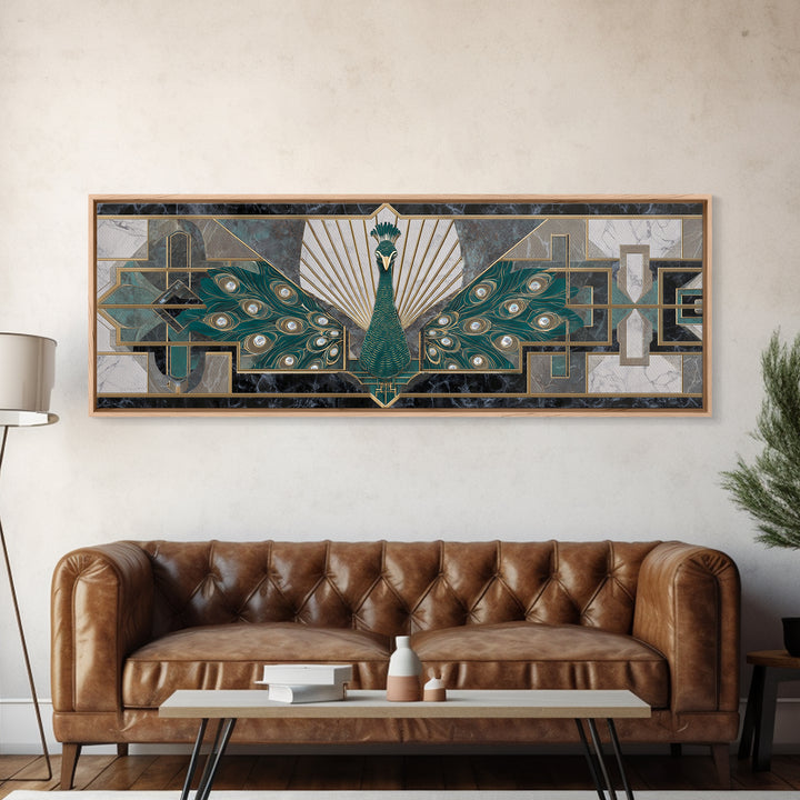 Sleek Peacock with Jeweled Feathers and Stepped Canvas Print, Art Deco Art, Mid Century Modern, Living Room Decor, Glamour, ADA-3x1-67