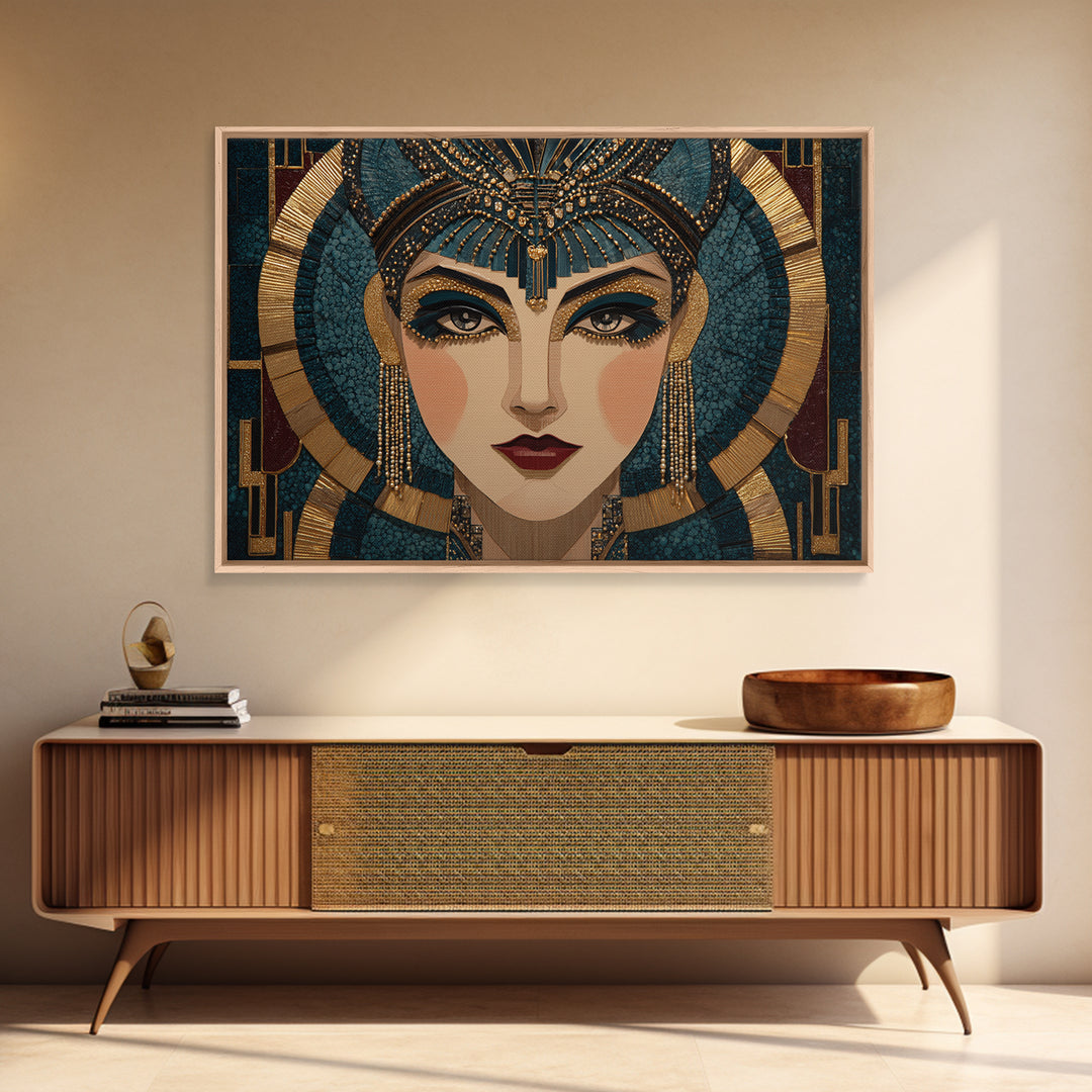 Flapper Portrait with Pearl Strands and Dramatic Framed Canvas Print, Art Deco Art, Boho, Living Room Decor, Fine Art, Glamour, ADA-3x2-18