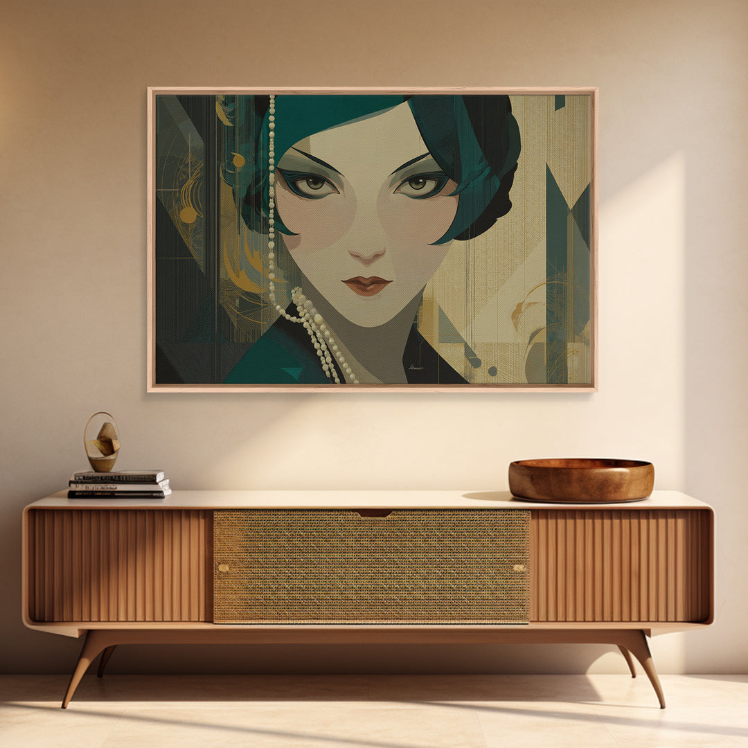 Flapper Portrait with Pearl Strands and Dramatic Canvas Print, Art Deco Art, Printable Art, Living Room Decor, Oil Painting, ADA-3x2-42