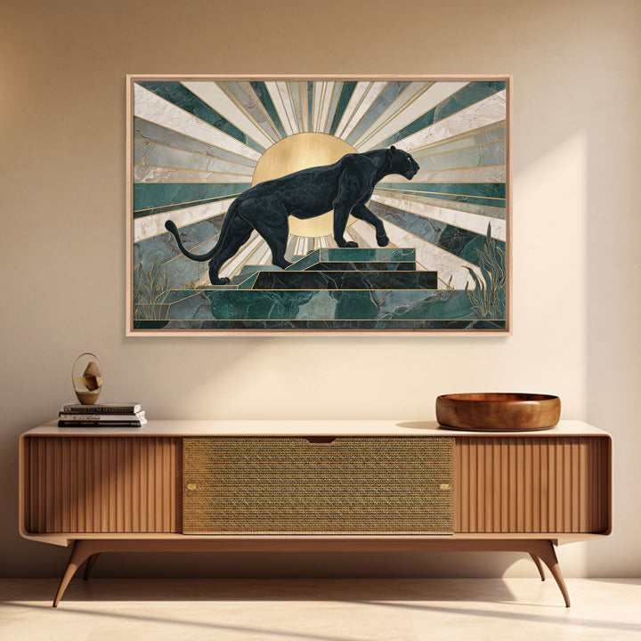 Black Panther Sculpture on a Marble Plinth Framed Canvas Print, Art Deco Art, Wall Art Print, Living Room Decor, Glamour, ADA-3x2-63