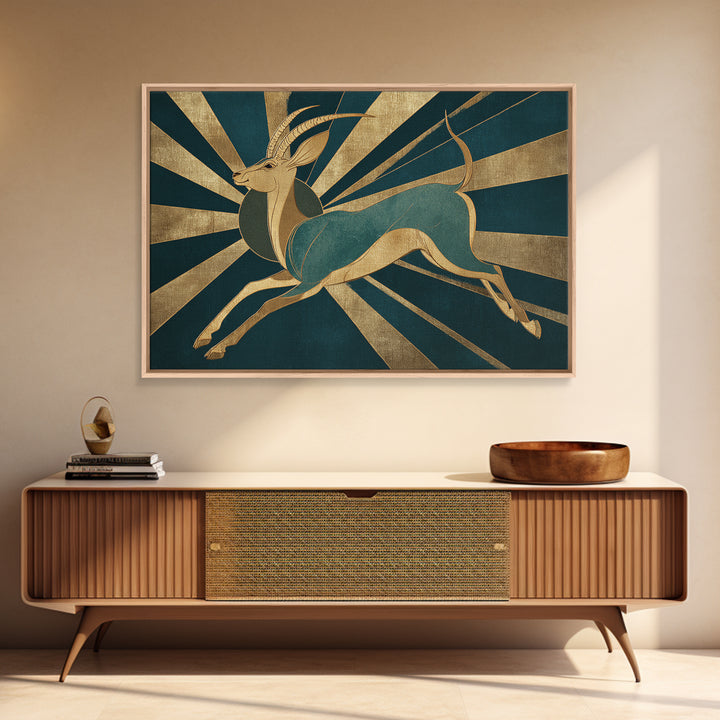 Stylized Gazelle Leaping Through Gold Rays Canvas Print, Art Deco Art, Downloadable Art, Living Room Decor, Glamour, Art Print, ADA-3x2-65