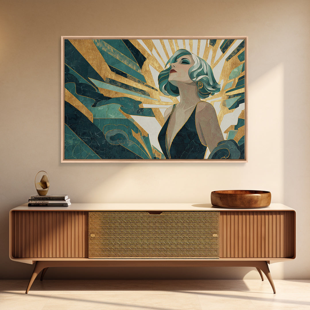 Moonlit Jazz Singer Framed by Gold Lines Canvas Print, Art Deco Art, Decor, Living Room Decor, Abstract Art, Glamour, ADA-3x2-75
