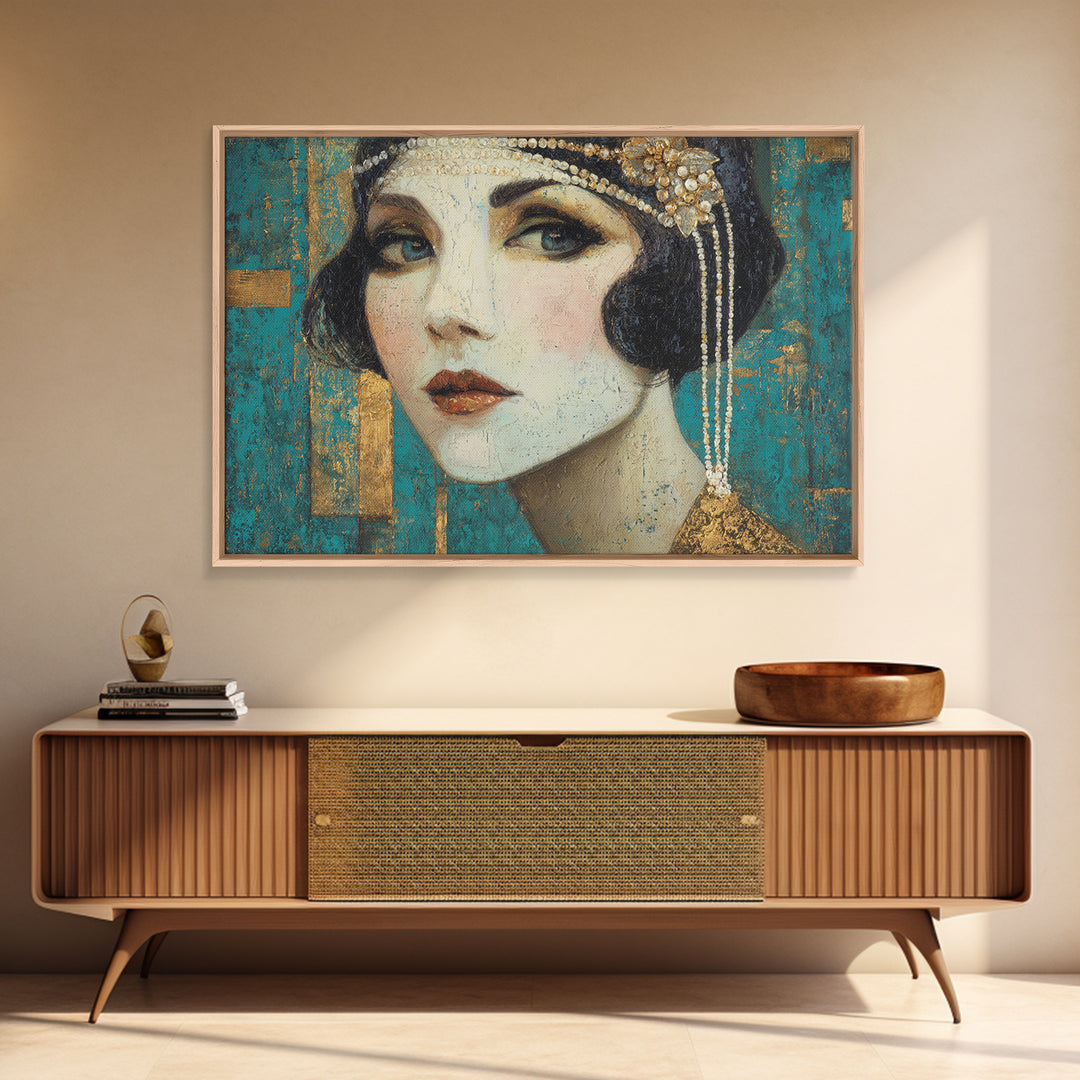 Flapper Portrait with Pearl Strands and Dramatic Canvas Print, Art Deco Art, Removable Wallpaper, Living Room Decor, Glamour, ADA-3x2-90