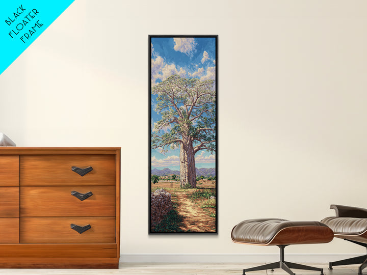 Sunlit Baobab Tree Landscape, African Wall Art, Safari Decor, Nature Scene Art, Blue Sky Framed Canvas Print Gift For Living Room
