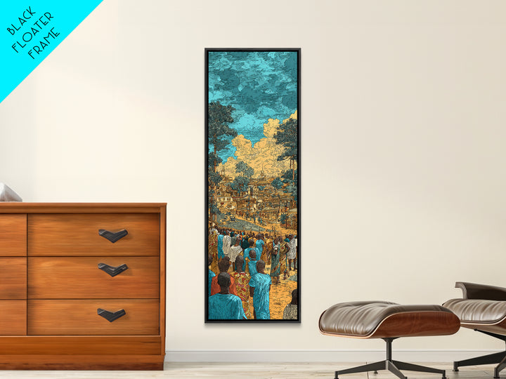 Bustling African Village Market, African Wall Art, Cultural Decor, West Africa Art, Turquoise Canvas Print Home Decor Gift