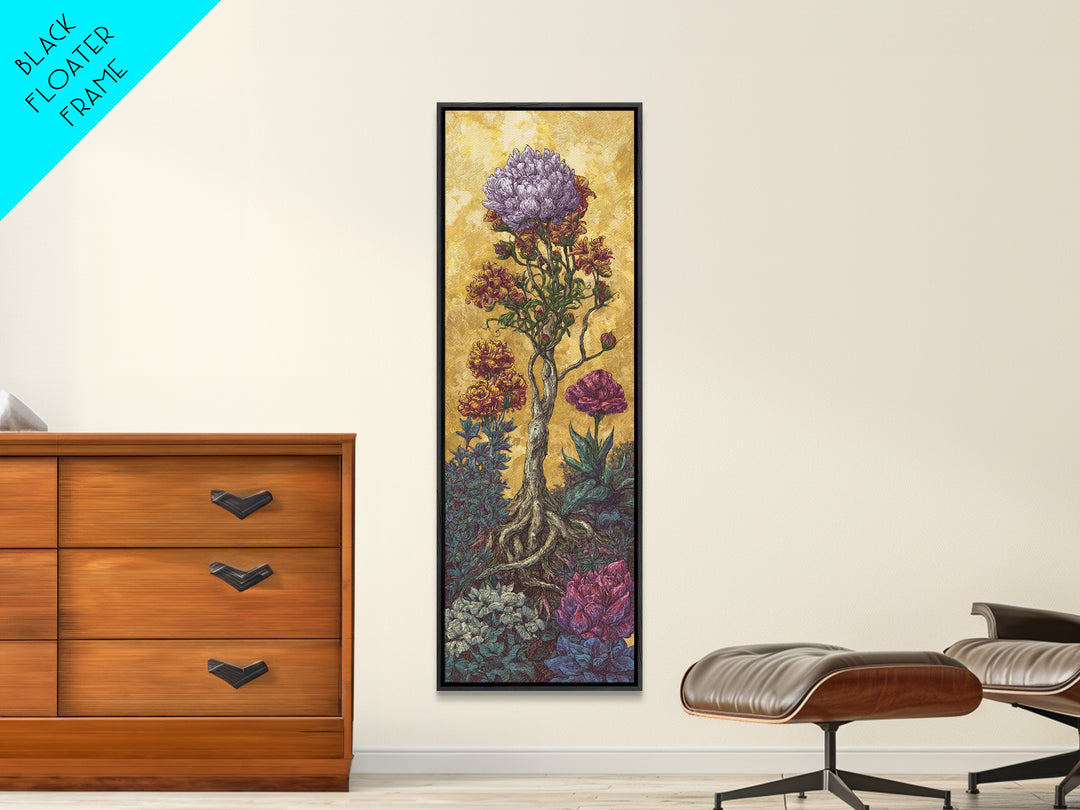 Golden Surreal African Flowering Tree Canvas Print, Botanical Wall Decor, Nature Scene Art, Elegant Home Decor Gift For Living Room