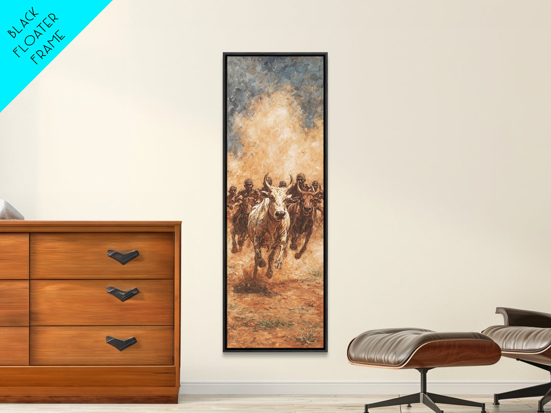 Dusty African Cattle Charge With Warriors Wall Art, Afrocentric Safari Painting, Tribal Culture Decor, Large Canvas Print