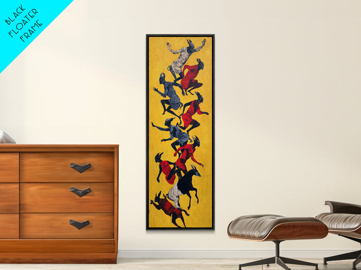 Yellow Abstract Dancers And Goats Canvas Print, African Tribal Art Wall Art, Red Black Ethnic Decor, Modern Culture Gift