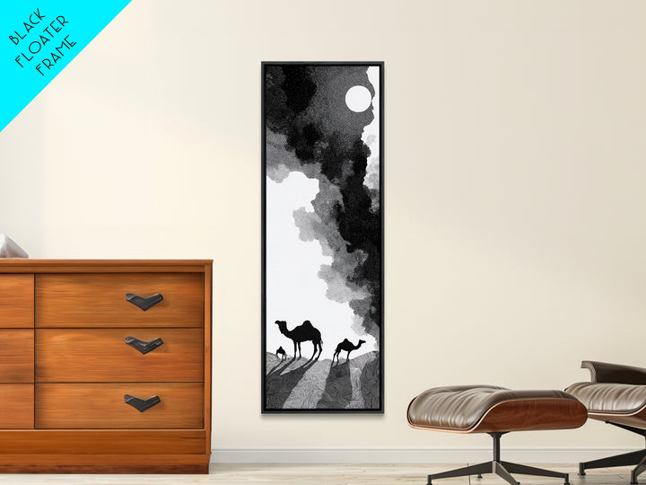Black And White Desert Camels Under Sun Wall Art, African Landscape Canvas Print, Minimalist Safari Decor, Boho Travel Gift