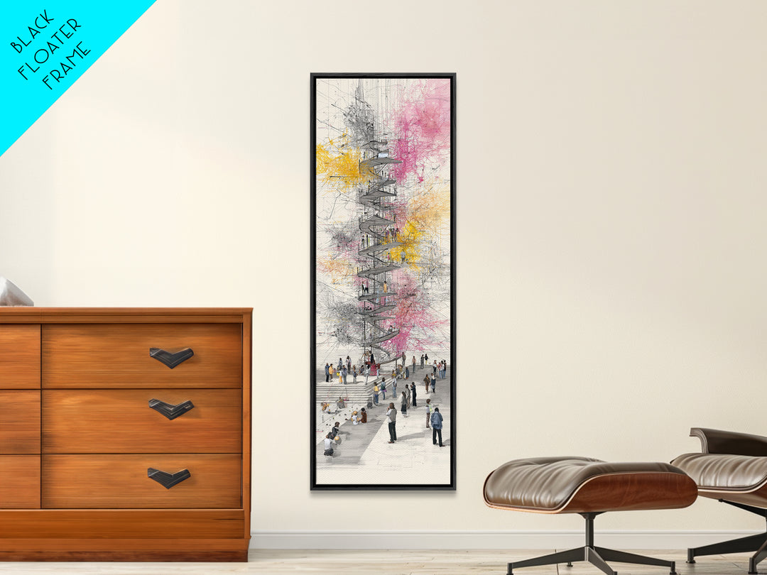 Spiral Tower In Blooming City Framed Canvas Print, Architectural Wall Art, Urban People Scene, Modern Office Decor Gift For Him