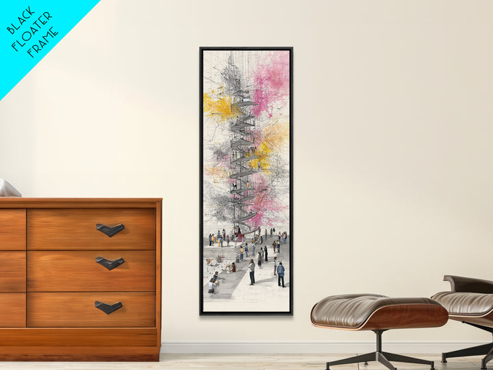 Spiral Tower In Blooming City Framed Canvas Print, Architectural Wall Art, Urban People Scene, Modern Office Decor Gift For Him
