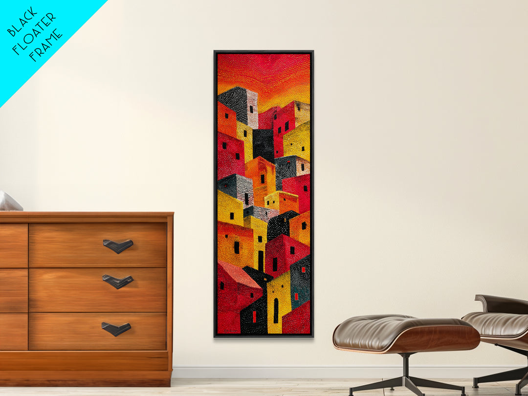 Bold Sunlit Geometric Village Wall Art, African Inspired Decor, Colorful Abstract Painting, Modern Boho Canvas Print Gift