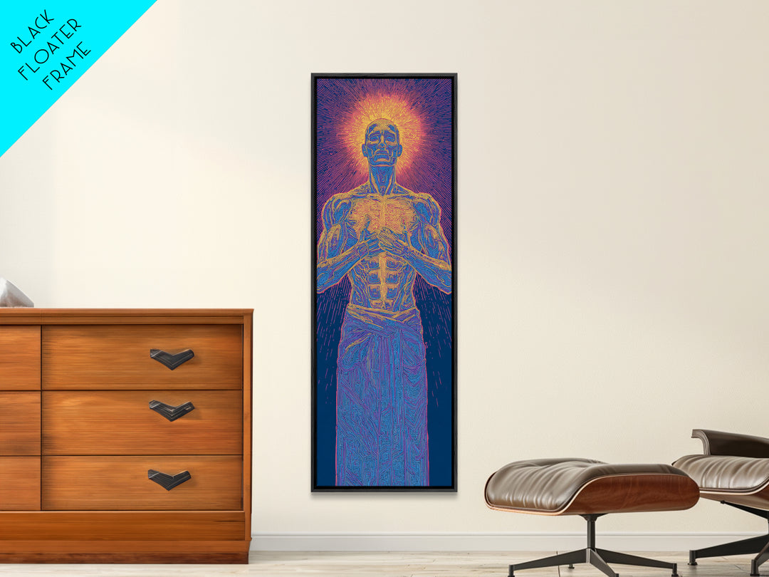 Glowing Anatomical Prayer Male Energy Figure Canvas Print, Spiritual Wall Art, Abstract Black Art, Meditation Room Decor Gift