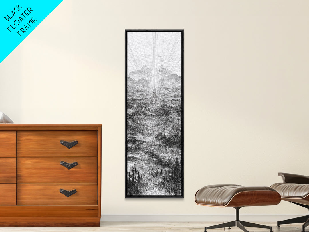 Monochrome Futuristic City Spire Canvas Print, Abstract Urban Architecture Wall Decor, Minimalist Black And White Art Poster
