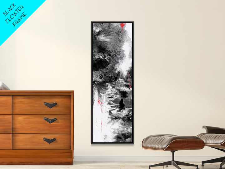 Black And White Abstract River Figure Wall Art, African Abstract Painting, Modern Ink Texture Decor With Red Accents Fine Art Print