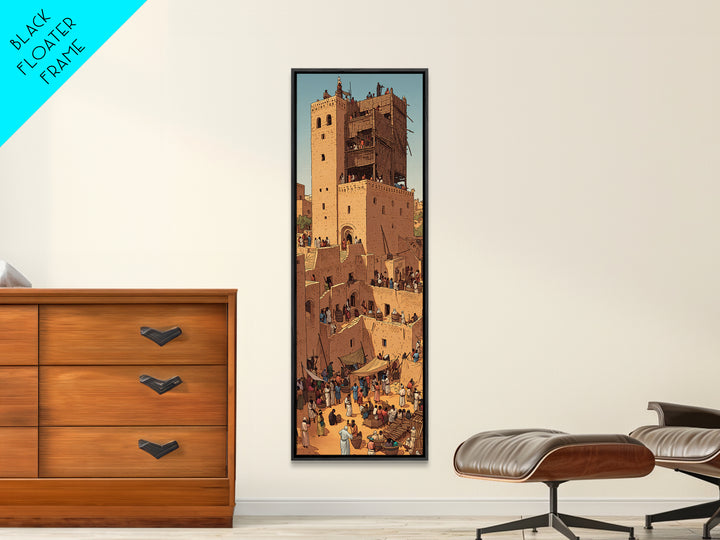 Desert Market Tower And Adobe City Wall Art, African Travel Poster, Moroccan Inspired Cultural Wall Decor, Warm Earth Tone Gift