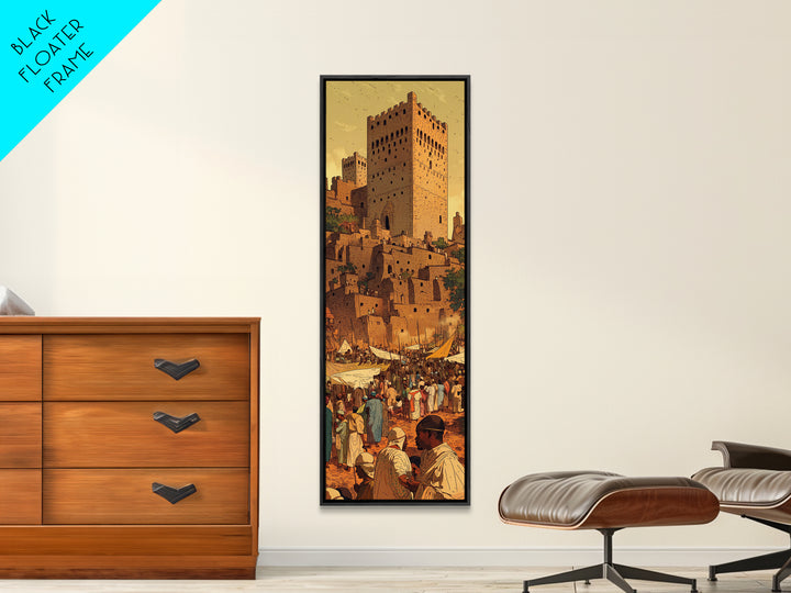 Moroccan Kasbah Market Wall Art, Sunset Desert Tower Canvas Print, African Travel Poster, Warm Terracotta Home Decor Artwork