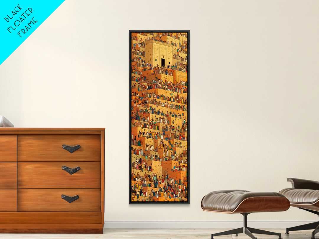 Golden African City Stairs Wall Art, Mud Brick Village Canvas Print, Busy Market Scene, Cultural Home Decor Artwork Poster