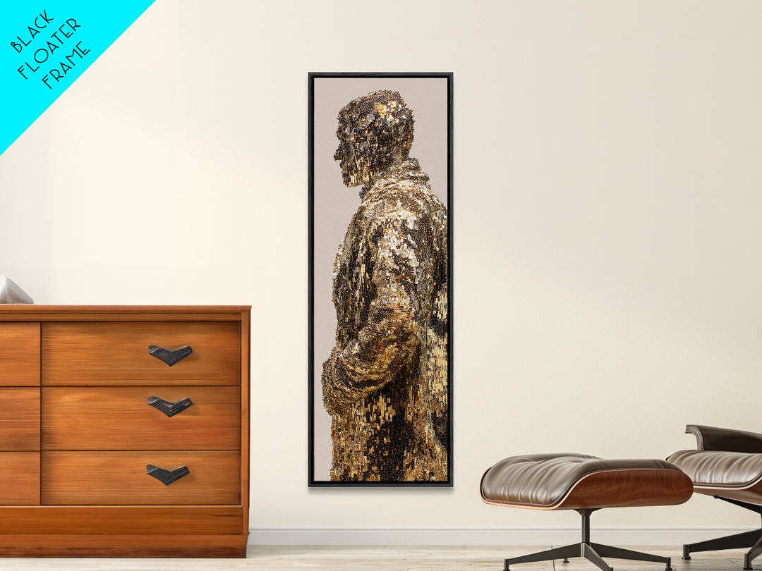 Shimmering Gold Male Figure Framed Canvas Print, Modern African Art, Abstract Portrait Wall Art, Luxury Black Art Decor Gift