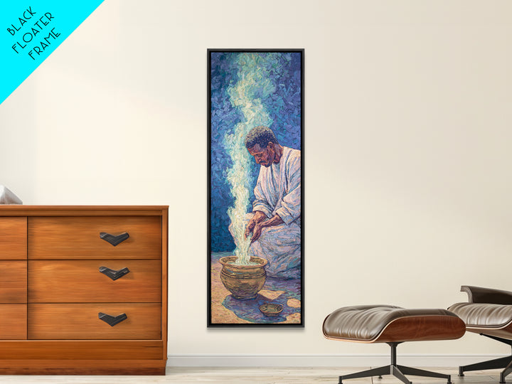 African Man Pouring Water Framed Canvas Print, Blue Spiritual Portrait Wall Decor, Afrocentric Culture Art For Living Room